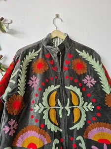 Ethnic Dark Gray <b>Velvet</b> Suzani Embroidered <b>Jacket</b> with Floral Pattern Full Sleeve Stand Collar <b>Women's</b> Soft Autumn Coat - Product Image 4