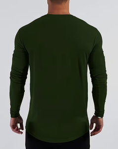 Customized 100% Cotton Men's Long Sleeve Knitted O Neck Solid Blank Tee Breathable Front Logo 180g Casual Wear Regular Fit Plain - Product Image 3