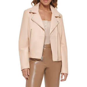 Veste moto en cuir PU beige pour femme, manches longues, fermeture éclair, col montant, couleur unie, vêtement d'automne - Product Image 5