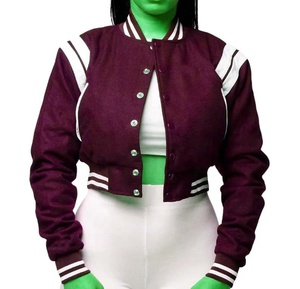 Chaqueta Varsity Corta de Primera Calidad, 100% Lana, Estilo Béisbol, con Bordado Personalizado, Mangas Largas, para Mujer - Product Image 5