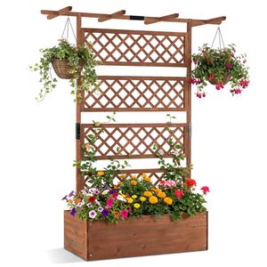 72-Inch Fir Wood <b>Planter</b> Box Raised Garden Bed Lattice Trellis Drainage Holes for Climbing Plants <b>Vegetables</b> 4.8 Garden Supplies - Product Image 1