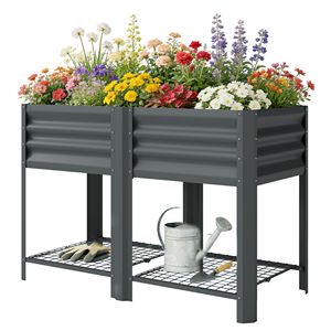 Jardinera Elevada de Acero Galvanizado Gris Oscuro de 31.5 Pulgadas de Alto con Estante de Almacenamiento y Revestimiento para Cama de Jardín, Cobertizo y Almacenamiento - Product Image 1