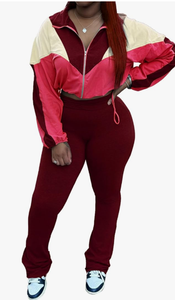 Womens Pink Color Block 2 Piece Sporty Tracksuit <b>Set</b> Full Sleeve Zipper Crop Top With High Waist Leggings Spring Summer Wear - Product Image 2
