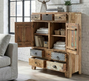 Grand meuble de rangement de style industriel antique en bois de récupération avec tiroirs et étagères réglables en bois de manguier massif, mobilier écologique - Product Image 2