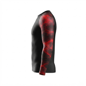 Men <b>Compression</b> Rash Guard Long Sleeve Sports Jersey Printed Fitness <b>Shirt</b> MMA Training Top Black Red Pattern Fitted Crew Neck - Product Image 3
