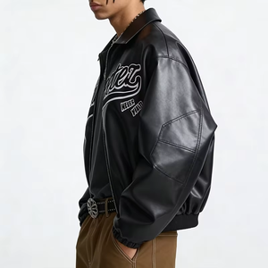 Factory Custom Black Genuine Leather Letterman Varsity <b>Jacket</b> for Men Fashionable Chenille Patches Embroidery Bomber <b>Jacket</b> - Product Image 1