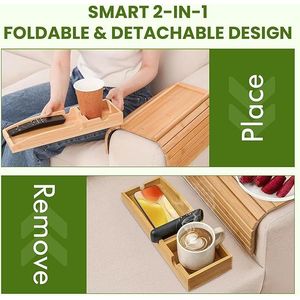 Vassoio per Divano in Bambù Naturale, Portabicchieri Pieghevole e Vassoio per Bracciolo, Design Antiscivolo e Impermeabile per Comfort e Stile - Product Image 2