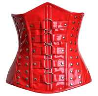 Corset sous-poitrine en PVC rouge personnalisable OEM, avec fermeture éclair latérale et rivets métalliques argentés sur le côté, pour usage quotidien.