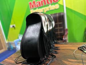 <b>Black</b> Leather Motorcycle Saddlebags with Hair-On Flaps, Fringe – Cruiser Panniers Large Capacity Leather Bag - Product Image 2