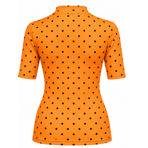 T-shirt Femme Col Montant Manches Courtes à Pois Orange, Coupe Ajustée Extensible Imprimée, Haut Décontracté Tendance pour l'Été, Vente en Gros Personnalisée - Product Image 2