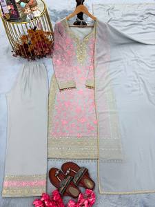Ensemble indien pakistanais brodé rose avec dentelle, Sherwani, Palazzo, Dupatta, Voile en filet, Tenue de mariage formelle - Product Image 5