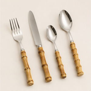 Juego de Cubiertos de Bambú de la Mejor Calidad, Cubertería de Acero Inoxidable, Vajilla Rústica de Lujo para el Hogar, Hoteles y Eventos - Product Image 1