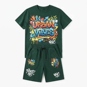 Wholesale Urban Hip Hop Graffiti Art Print Oversized T-Shirt Matching Drawstring Shorts 2-Piece <b>Set</b> - Product Image 3