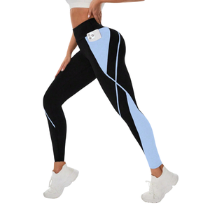 Leggings de yoga pour femmes, color block, en Spandex/Nylon tricoté, avec poche latérale, extensibles, pour entraînement, fitness, course à pied, gym, longueur cheville, actifs - Product Image 5