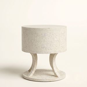 Artisan Mother of Pearl <b>White</b> <b>Round</b> <b>Bedside</b> <b>Table</b> with Double Drawers Floral Inlay Luxury Bedroom Furniture <b>Round</b> Nightstand - Product Image 2