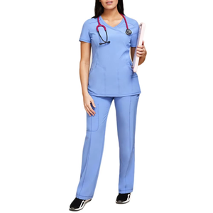Ensemble de blouses et pantalons bleus à manches courtes pour femmes, en polyester et coton tissé, uniforme d'hôpital, tenue médicale, vêtements de travail pour infirmières - Product Image 1