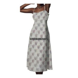 New 100% Cotton Block Print Spaghetti <b>Dress</b> Designer Fashion Spaghetti Strap <b>Dress</b> Women Allover Hollow Out Sleeveless Spaghetti - Product Image 1