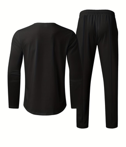Men's Black Long Sleeve T-Shirt Pants Set Crew Neck Solid 92% Polyester Casual Knitted Breathable High Quality Quick Dry Autumn - Product Image 3