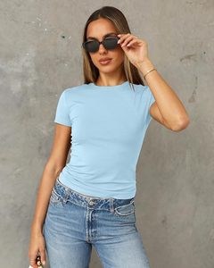 Haut décontracté pour femme en jersey de coton toile bleu clair à col en V et manches courtes, coupe classique, écologique, respirant, pour le printemps et l'été - Product Image 2
