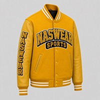 Veste varsity jaune pour homme, manches en cuir, logo brodé, style preppy, vêtement d'automne, patchs en chenille.