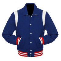 Veste de sport bleue pour homme avec épaules blanches et poignets rayés rouges, style preppy, coupe classique, col rabattu