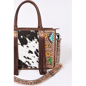 Sac fourre-tout en cuir de vachette à poils, style western, avec motif tournesol et cactus, et franges, sac bandoulière messager pour femme - Product Image 3