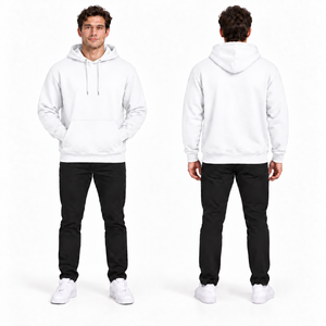 Men's White Pullover Hooded Sweatshirt Regular Fit Cotton Fleece Casual Solid Color Pocket Design Winter Windproof Eco-Friendly - Product Image 1