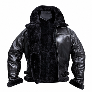 เสื้อแจ็คเก็ตนักบินหนังสีดำสำหรับผู้ชาย พร้อมซับในขนสัตว์เทียม ฮู้ดแบบมีซิปด้านหน้า สไตล์นักขี่มอเตอร์ไซค์สำหรับฤดูหนาว - Product Image 3