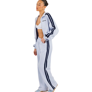 <b>Womens</b> Cropped Full Zip Stand Collar Tracksuit Set Side Stripes Wide Leg Trousers Elastic Waist 2 Piece <b>Lounge</b> Streetwear Outfit - Product Image 4