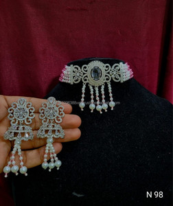 Classic American Ethnic Diamond Bridal <b>Set</b> Two-Piece <b>Necklace</b> Earrings for Wedding Party Fashionable Style Brass <b>Silver</b> Plated - Product Image 1