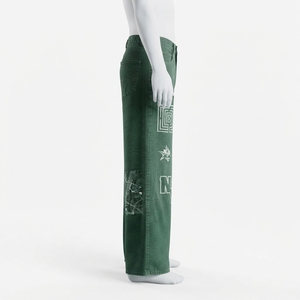 Pantalones Vaqueros de Mezclilla para Hombre, Cintura Alta, Corte Recto, con Estampado Geométrico, Ajuste Holgado, Estilo Casual Otoñal, Color Verde, de Algodón - Product Image 1