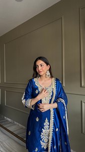 Premium satin designer embellishment embroidery top plazzo <b>elastic</b> waist 41 inch dupatta <b>lace</b> border ethnic wear women set - Product Image 5