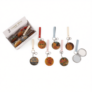 Specchio cosmetico Z da 6,3 cm, stile pittura a olio, a forma di corteccia, specchietto tascabile circolare con cinturino per donna - Product Image 1