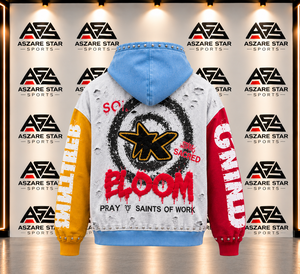 Sudadera con capucha de forro polar con cremallera, extragrande, con gráfico desgastado, 100% algodón, con bloques de color personalizados, estilo streetwear con tachuelas, lavado vintage, a la moda - Product Image 6