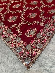 Trendy Dark Georgette <strong>Saree</strong> with Full Jaal Work, Crystal Stones, Real Zari &amp; Partywear <strong>Blouse</strong> Ideal for <strong>Winter</strong> Celebrations