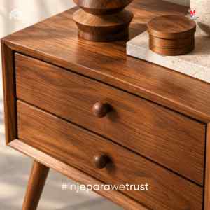 Mesa de Noche Moderna de Madera de Teca Sólida Estilo Mediados de Siglo, Acabado en Nogal, con 2 Cajones, para Dormitorio, Hotel o Villa - Product Image 2