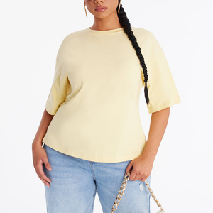 Manufacturer Custom Summer Women's Tee Solid Jersey Beige Crew Neck Long Tail <b>Back</b> Zip Closure <b>Drop</b> Shoulder Short Sleeve TShirt - Product Image 1