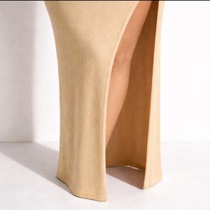 Robe longue d'été OEM pour femme enceinte, sans bretelles, en maille côtelée Spandex/Coton 180g, coupe fourreau épaules dénudées, fente haute, sexy et ajustée - Product Image 2