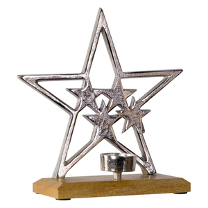 Décoration de Noël en métal « Étoiles dans une étoile », porte-bougie chauffe-plat avec base en bois - Product Image 5