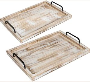 Wooden Serving Tray Rectangle Retro Style Solid Color Durable Handmade Dishes & <b>Plates</b> - Product Image 1
