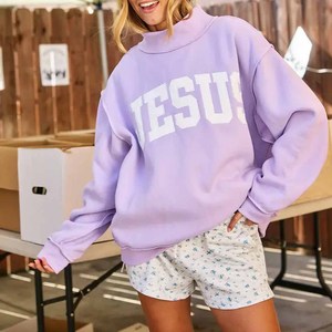 Jesus Custom Embroidery <b>Mock</b> <b>Neck</b> Sweatshirt Lavender Varsity Oversized Women Pullover Heavyweight Fleece Wholesale Bulk - Product Image 6