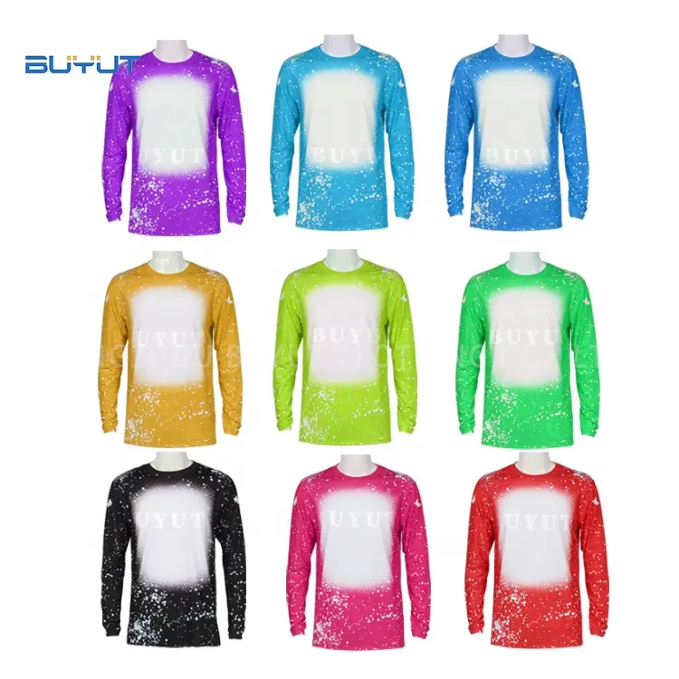 Hot Sales Tees Custom Design Bleached Sublimated Polyester Shirts Faux Bleach Printed Women Men Long Sleeve Shirt