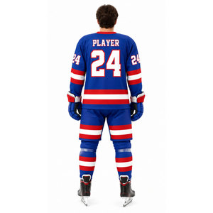 Ensemble de maillot de hockey sur glace pour homme, bleu, rouge, blanc, rayé, sublimé, manches longues, évacuation de l'humidité, coupe régulière, uniforme adulte - Product Image 3