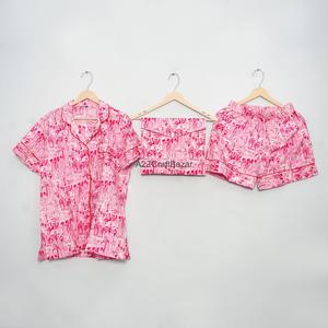 Ensemble de pyjama court pour femme en coton pur 100% respirant et doux, imprimé fleuri, col en V, fermeture à cordon, été - Product Image 4