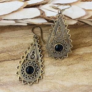 Unique Design Teardrop Dangle Earrings Silver Eye Boho Brass Jewelry Children's Antique Brass Finish Tribal Black Onyx <b>Gift</b> - Product Image 2