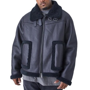 Men's Black <b>Shearling</b> Leather <b>Jacket</b> Winter Aviator <b>Bomber</b> with Fur Collar Buckle Straps and Warm Fleece Lining - Product Image 1