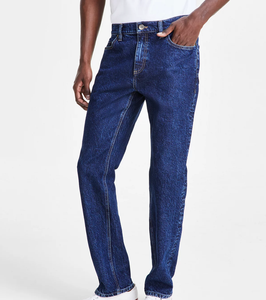 Jean en denim délavé coupe droite pour homme, taille haute, fermeture boutonnée, décontracté, 100 % coton tissé, poids moyen, style automne - Product Image 1