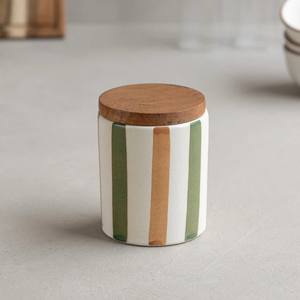 Tarro de Almacenamiento de Cerámica Moderno con Tapa de Madera, Contenedor Hermético para Cocina, Diseño a Rayas, Organizador Duradero, Ahorro de Espacio, Uso Elegante - Product Image 1