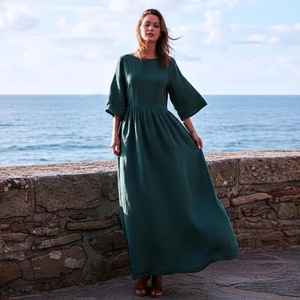 Vestido Maxi de Lino con Corte en A, Cintura Natural, Holgado, con Mangas 3/4, Vestido de Verano Talla Grande, Estilo Bohemio Informal para Mujer - Product Image 1