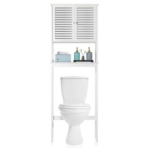 Mobile Bagno Moderno Bianco a 2 Ante e 1 Ripiano in Bambù, Armadietto WC in Legno Massello Ecologico per Casa, Cucina o Hotel - Product Image 2